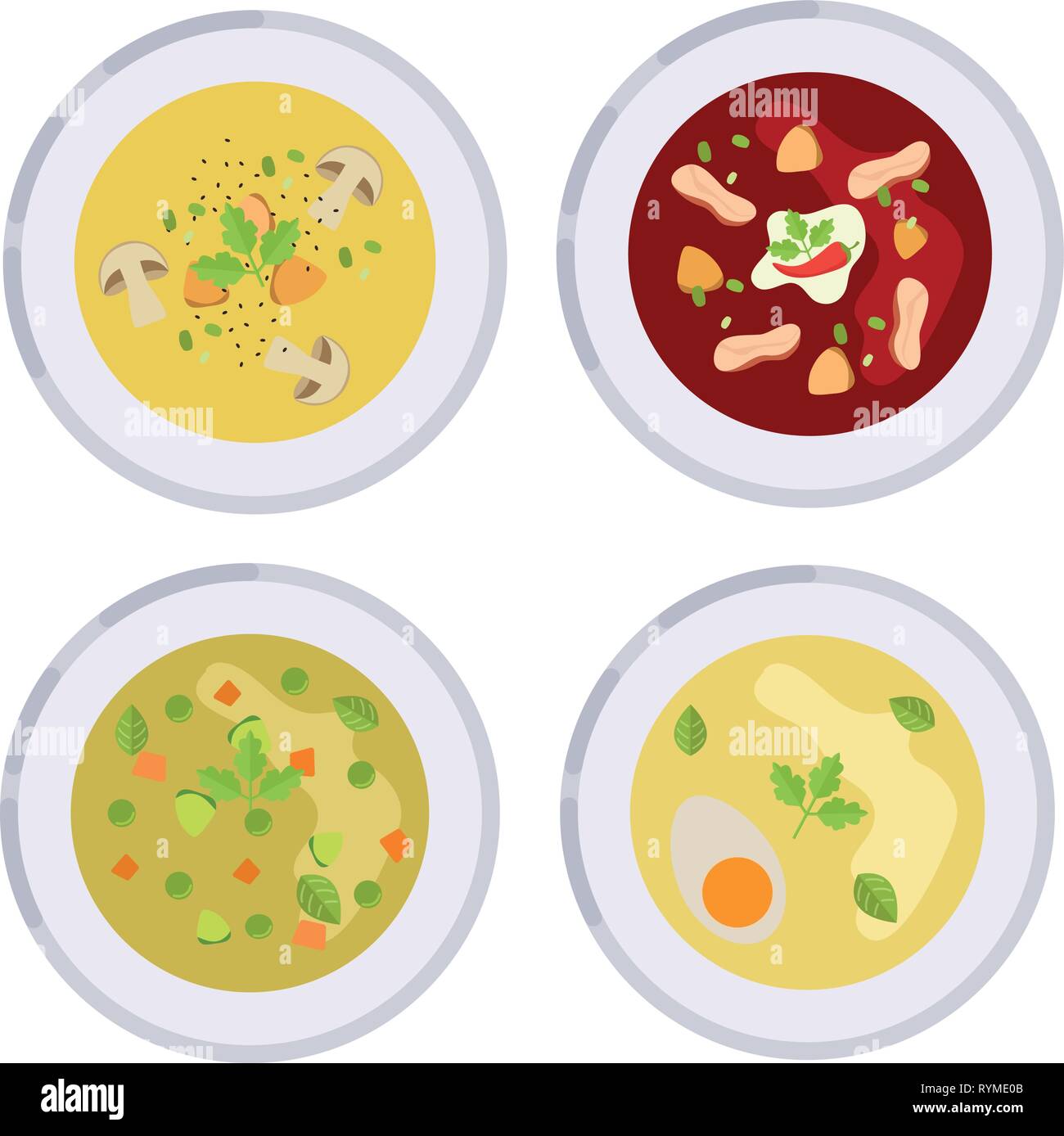 Concept de menu. Collection de soupes différentes. Le bortsch, soupe au fromage, minestrone et le bouillon avec oeuf dur. Alimentation saine. Soupe dans télévision style. Illus vectoriel Illustration de Vecteur
