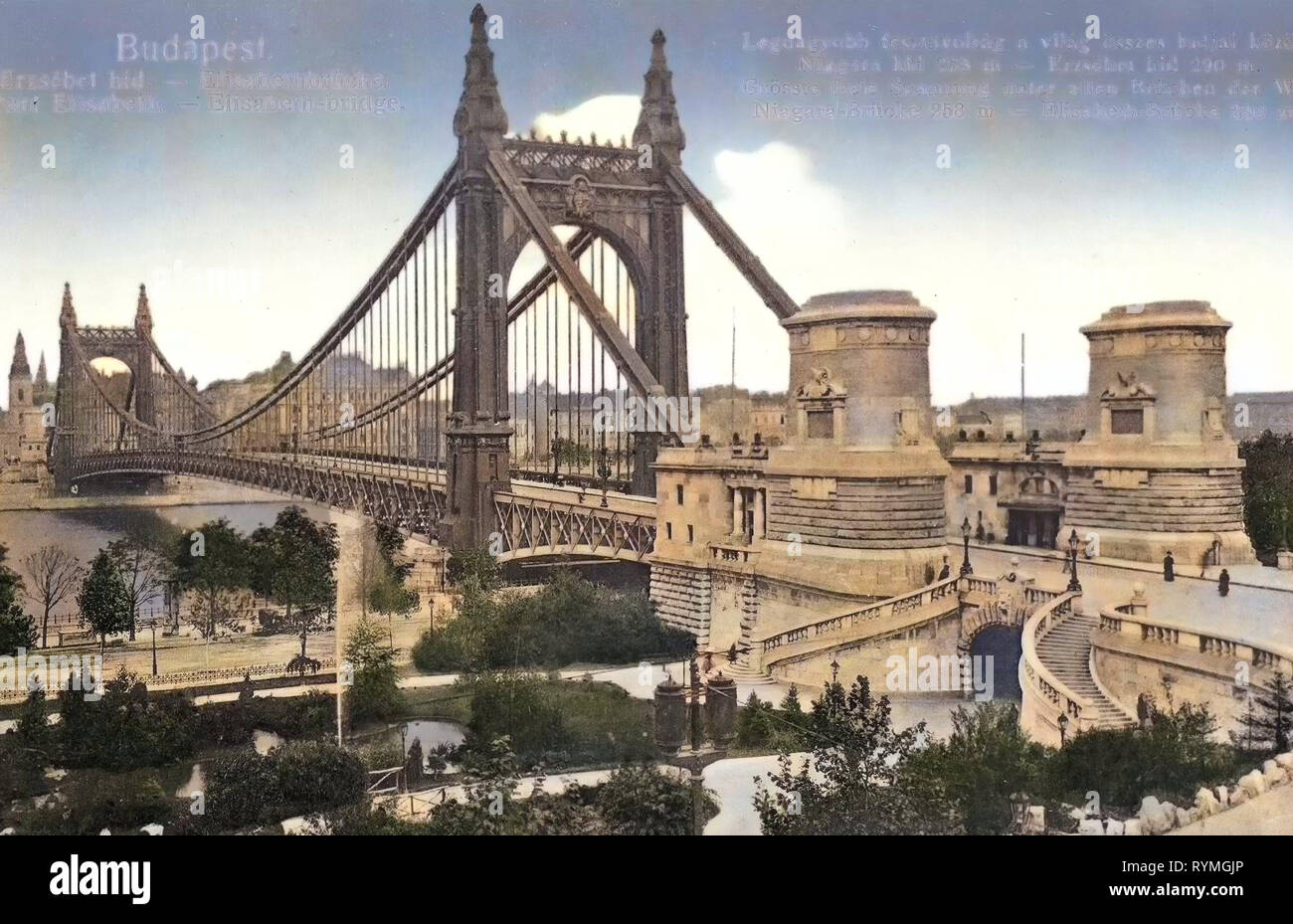 Texte allemand, images historiques du pont Elisabeth, Budapest, 1908, Elisabethbrücke, Hongrie Banque D'Images