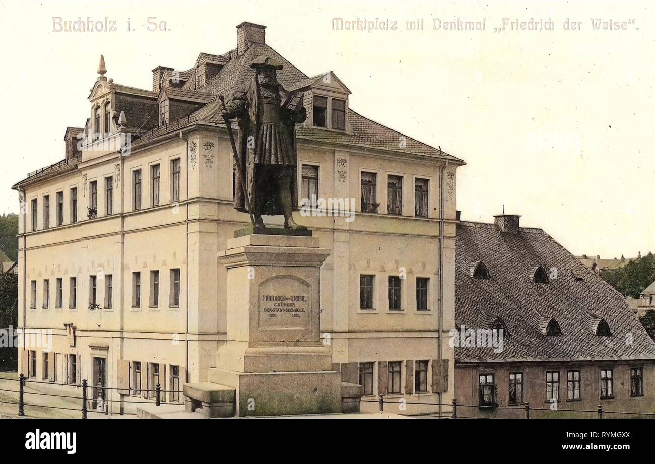 Les places de marché en Saxe, Friedrich III. (Sachsen), bâtiments à Annaberg-Buchholz, monuments et mémoriaux pour personnes en Allemagne, 1908, Erzgebirgskreis, Buchholz, Marktplatz mit Denkmal Friedrich der Weise Banque D'Images