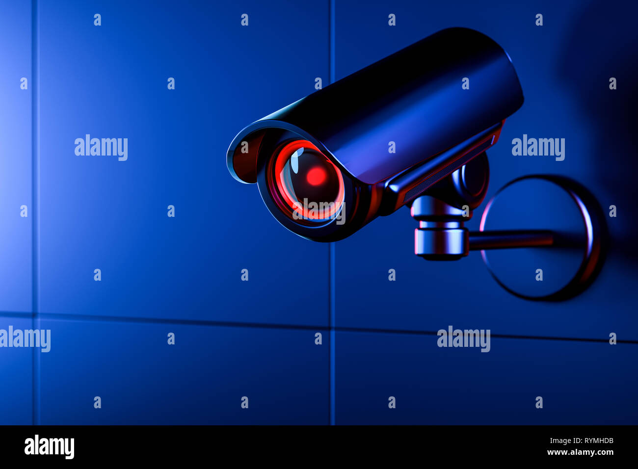 Caméra de surveillance sur le mur bleu de nuit. Copie espace inclus.  Technologie utilisée pour la société concept de sécurité. Le rendu 3D Photo  Stock - Alamy