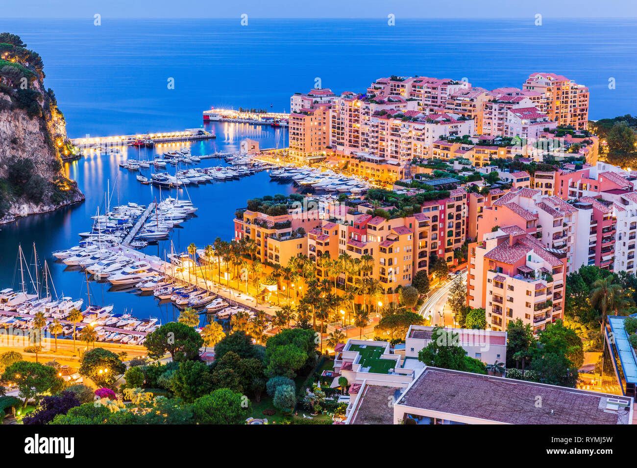 Monte Carlo, Monaco. Vue panoramique sur le Port de Fontvieille. Banque D'Images
