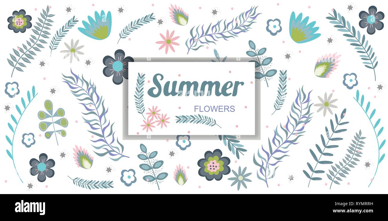 Motif floral d'été banner avec copie espace cadre fleurs et branches dans des couleurs pastel. Vector illustration Illustration de Vecteur