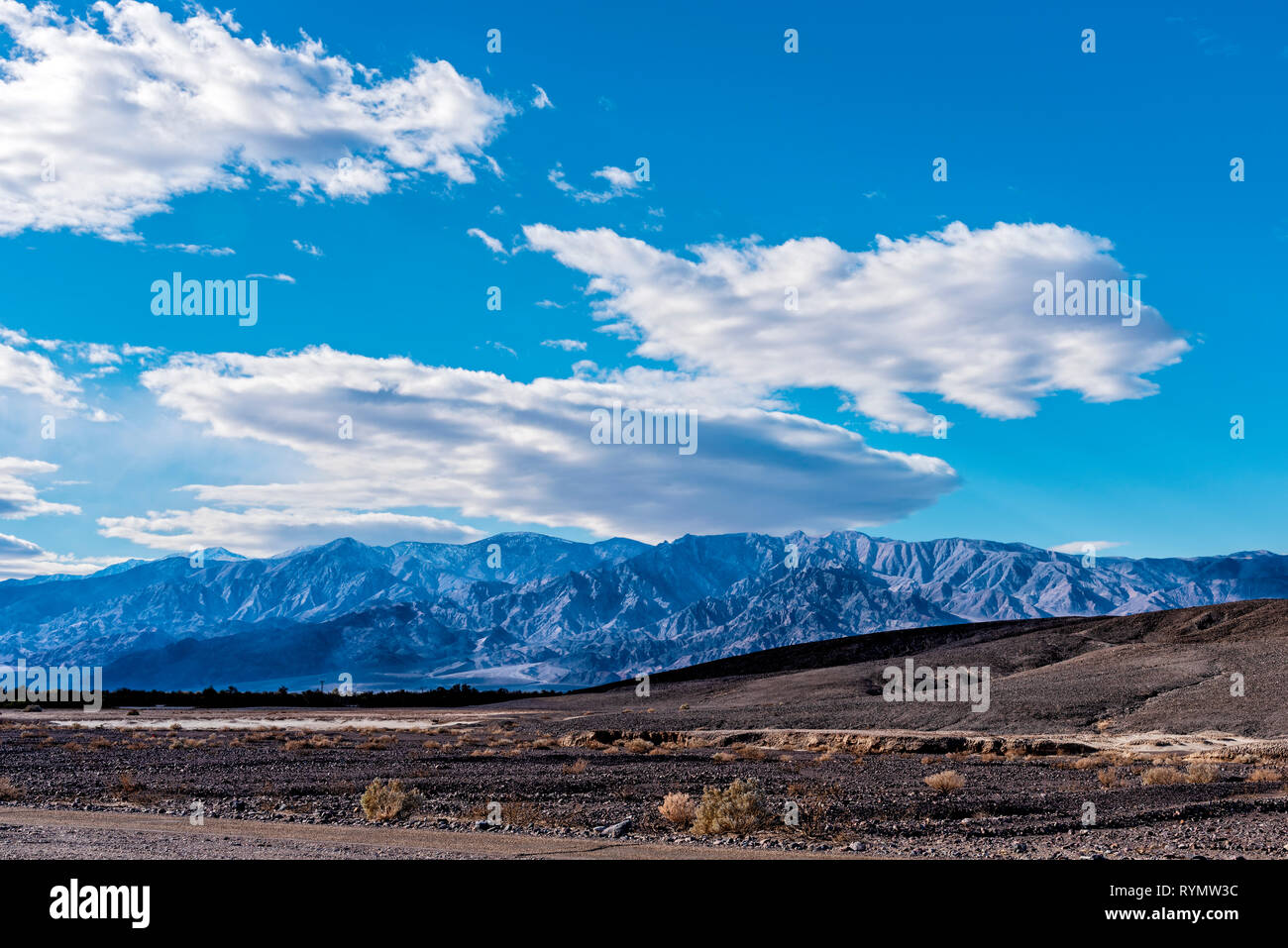 Paysage désertique aride avec peu de végétation et au-delà des montagnes bleues sous un ciel bleu avec des nuages blancs moelleux. Banque D'Images