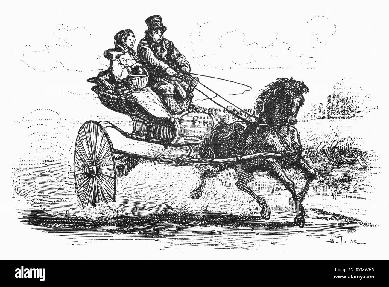 Équitation à poney et de marché dans leur piège est le fermier et sa femme en Hollande-septentrionale.à partir de la Camera Obscura, un 19e siècle Collection d'humour néerlandais-réalistes d'essais, de récits et les croquis dans lequel Hildebrand, l'auteur, prend un regard ironique sur le comportement de la "bien-to-do', les trouvant bourgeois et sans un mot pour eux. Banque D'Images