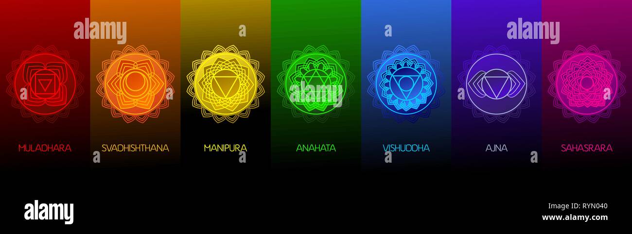 Série des symboles de chakra sur fond sombre. Différents styles, modernes et traditionnelles icônes géométriques simples signes sanskrit. Vector illustration. Illustration de Vecteur