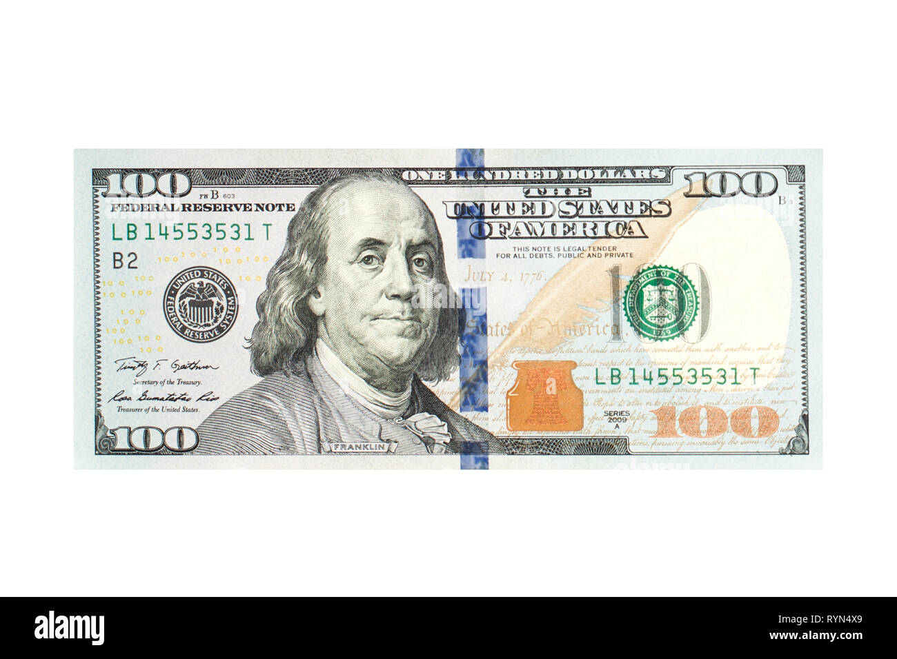 100 American dollar bill cash money isolé sur fond blanc. US Dollars 100 euros Banque D'Images