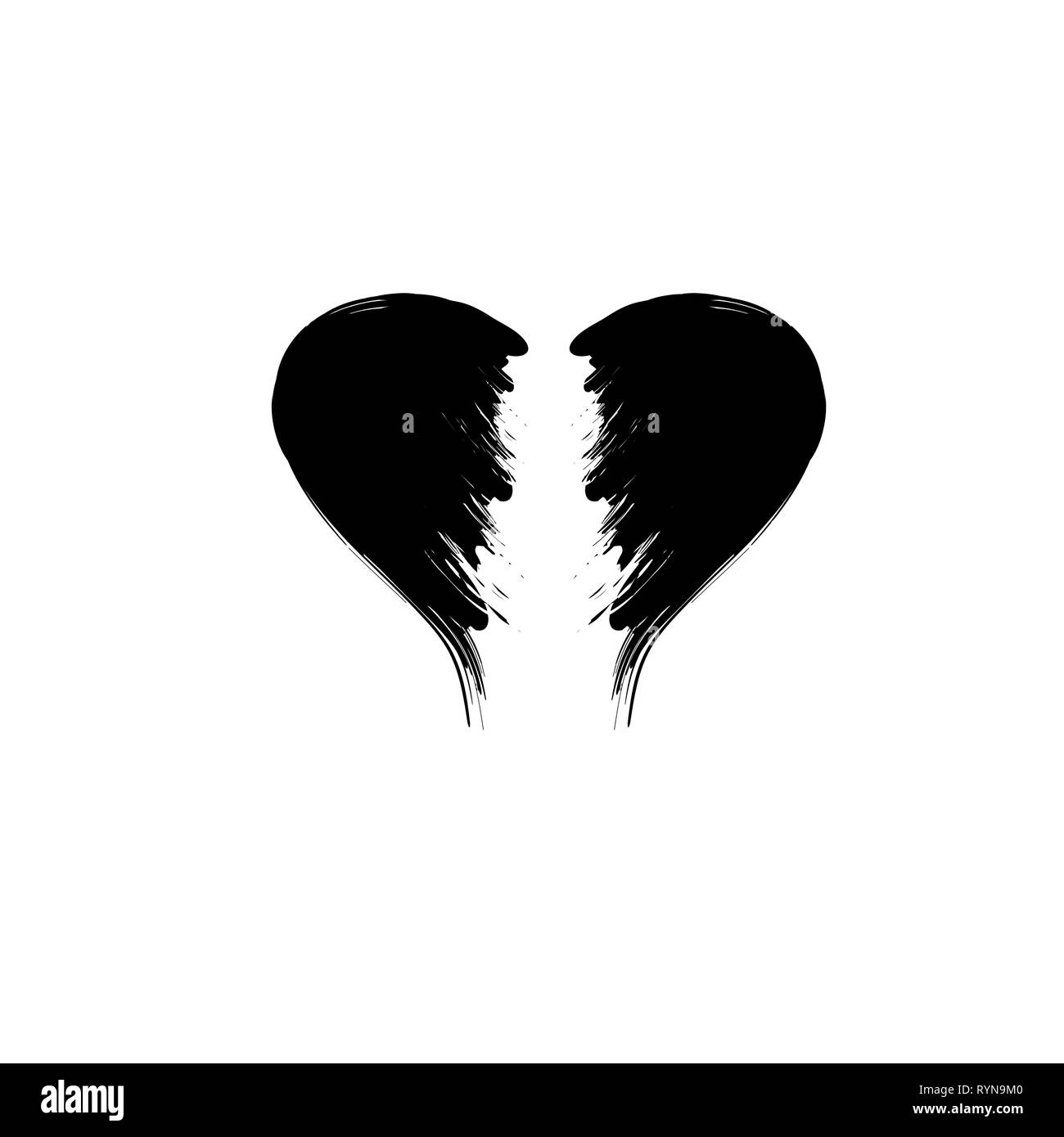 Cœur brisé grunge silhouette noire isolé sur fond blanc Illustration de Vecteur
