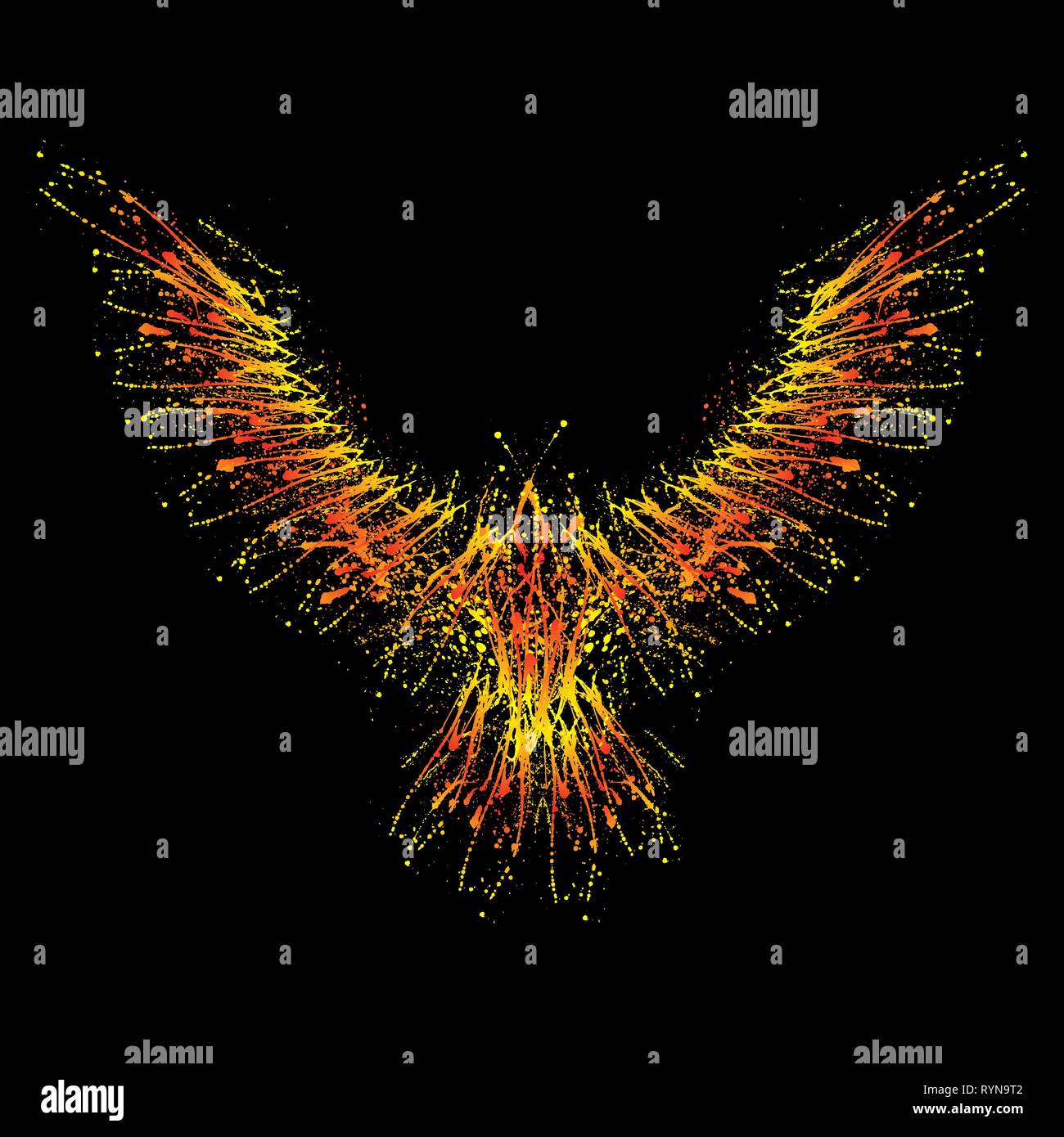 Silhouette oiseau grunge couleur avec de l'encre splash isolé sur fond noir Illustration de Vecteur