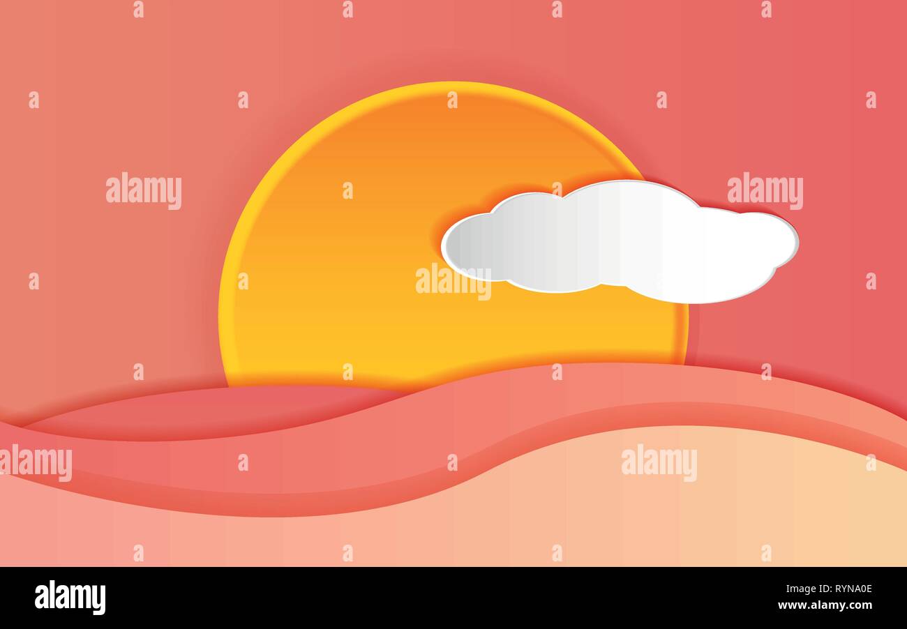 Coucher du soleil et des vagues colorées, illustration avec la profondeur Illustration de Vecteur