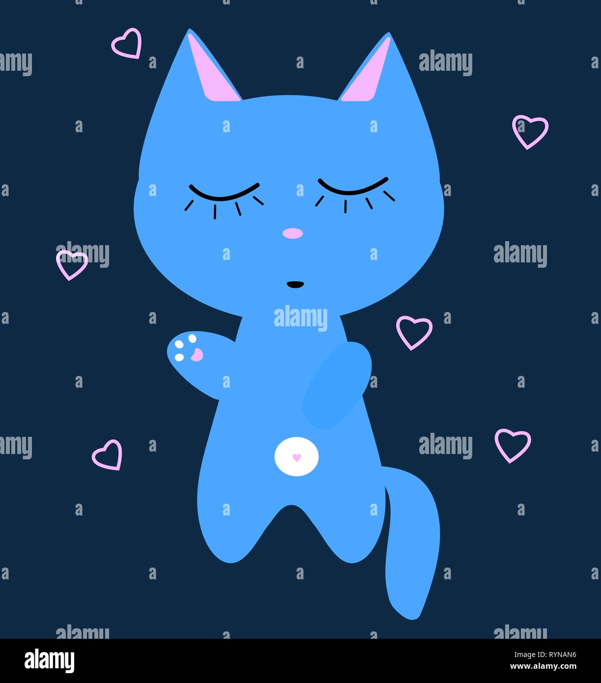 Chat bleu est en train de dormir. Ventre blanc, rose pattes. Funny kawaii chaton. Carte de l'enfant. Cute cartoon. caractère vectoriel illustration sur fond sombre et Illustration de Vecteur