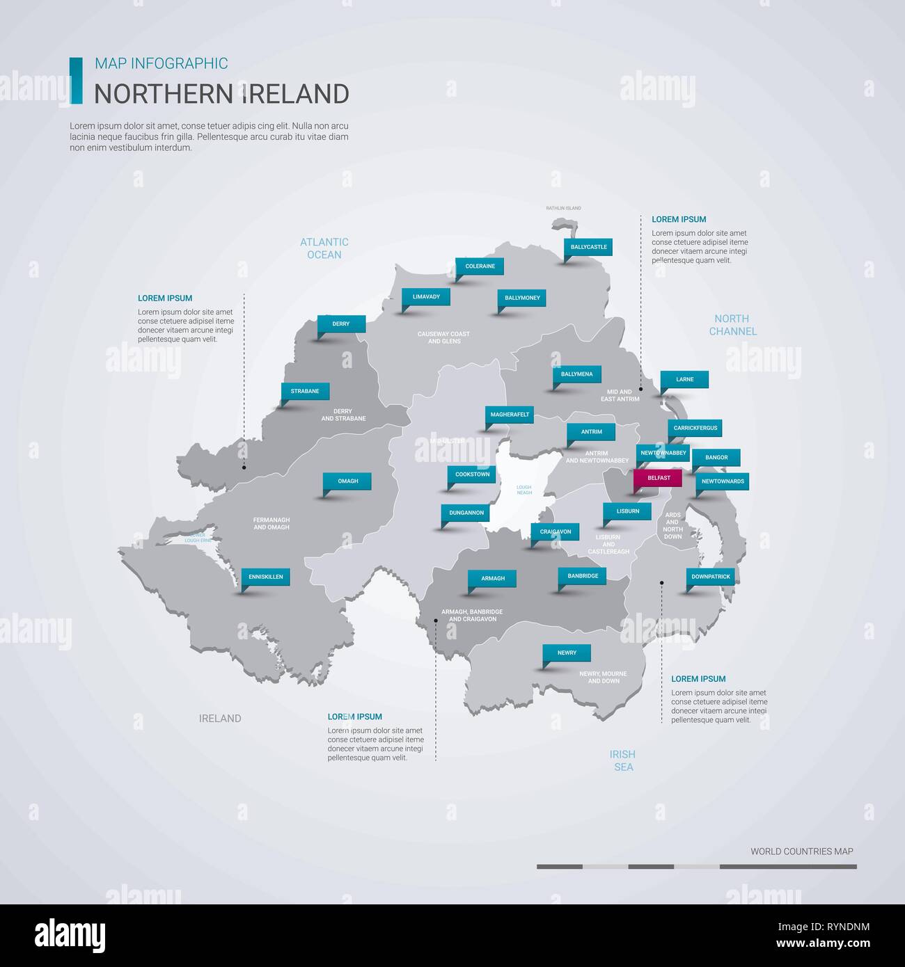 L'Irlande du Nord carte vectorielle avec éléments infographique, pointeur marques. Modèle modifiable avec les régions, les villes et le capital de Belfast. Illustration de Vecteur