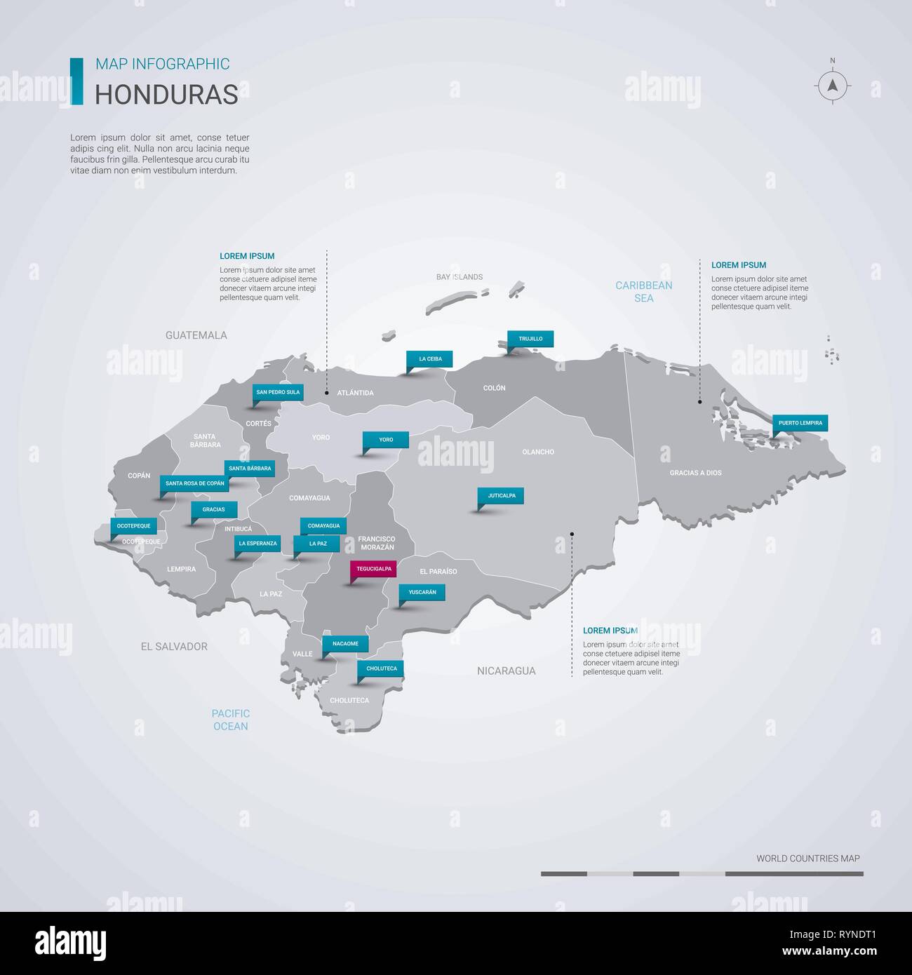 Honduras carte vectorielle avec éléments infographique, pointeur marques. Modèle modifiable avec les régions, les villes et capital Tegucigalpa. Illustration de Vecteur