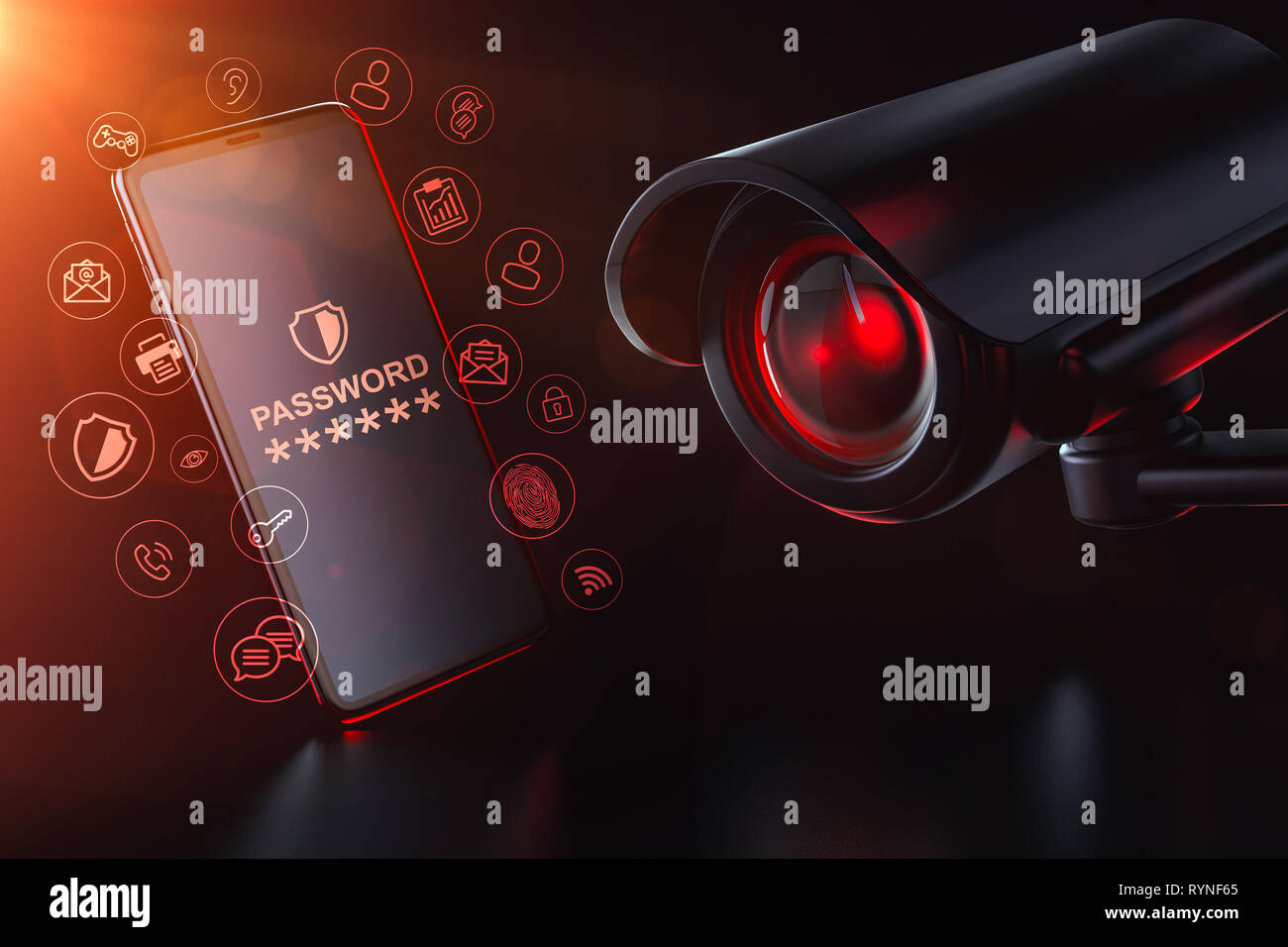 Montres Cctv un smartphone protégé par mot de passe. Concept d'Autodéfense de surveillance. Le rendu 3D Banque D'Images