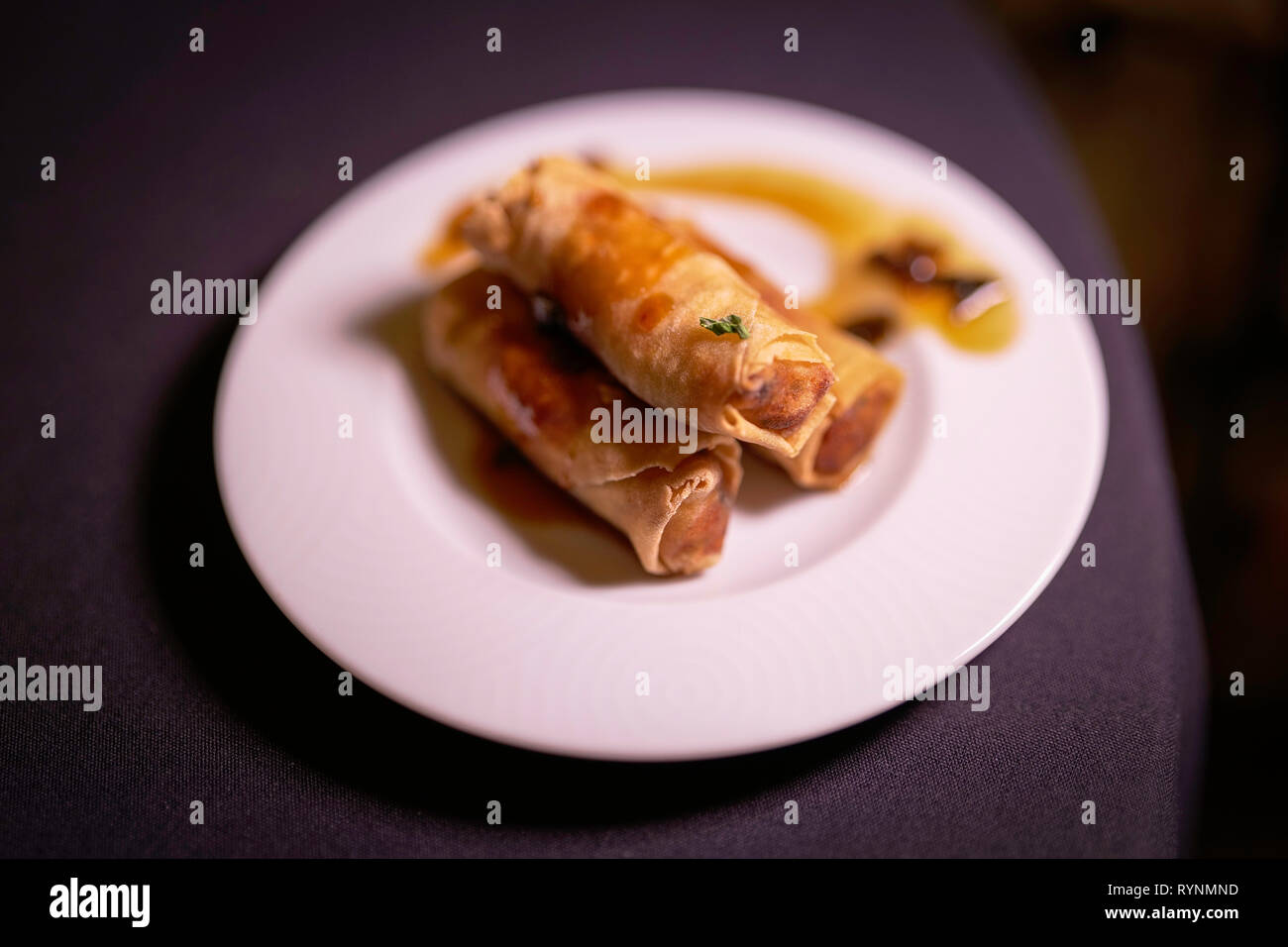 Egg Rolls affiché dans une manière appétissante avec légère bruine de sauce. Banque D'Images