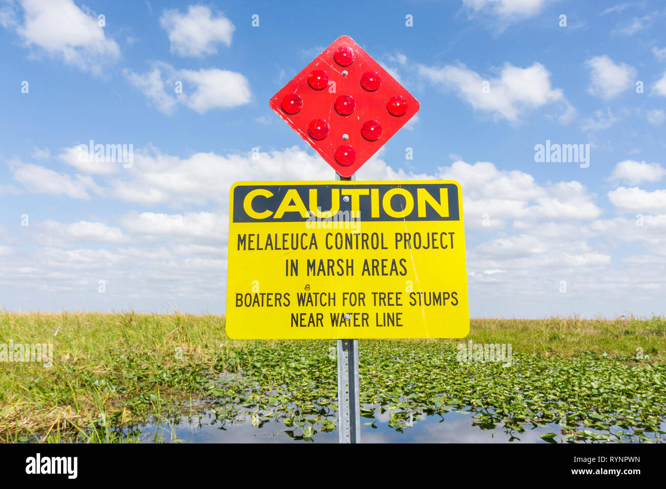 Florida collier County,Everglades,Big Cypress National Preserve,Alligator Alley,Interstate 75,herbe scie,marais,écosystème,panneau,jaune,attention,avertissement, Banque D'Images