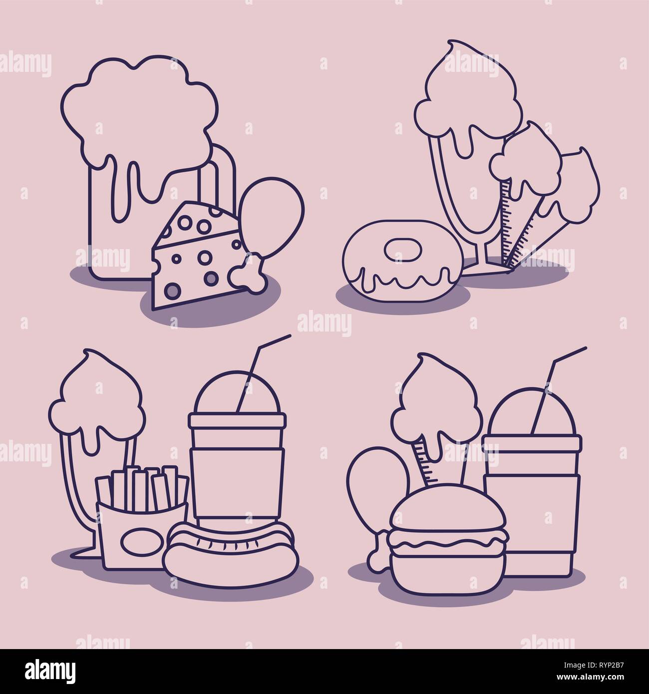 définissez un motif vectoriel de caractère de fast food délicieux Illustration de Vecteur