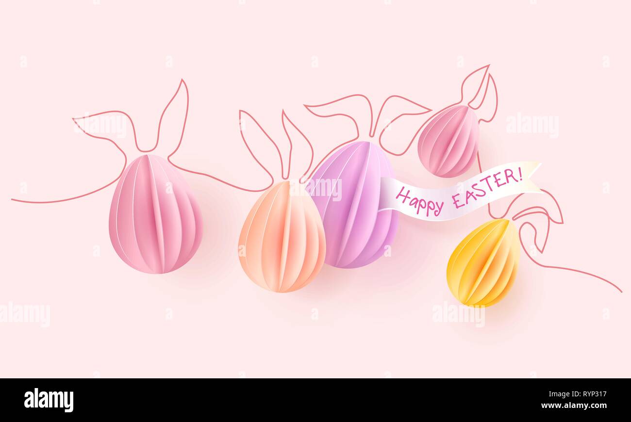 Joyeuses Pâques carte. Papier de pâques oeufs avec des oreilles de lapin sur fond rose. Vector illustration design papier. Un style de ligne continue. Illustration de Vecteur