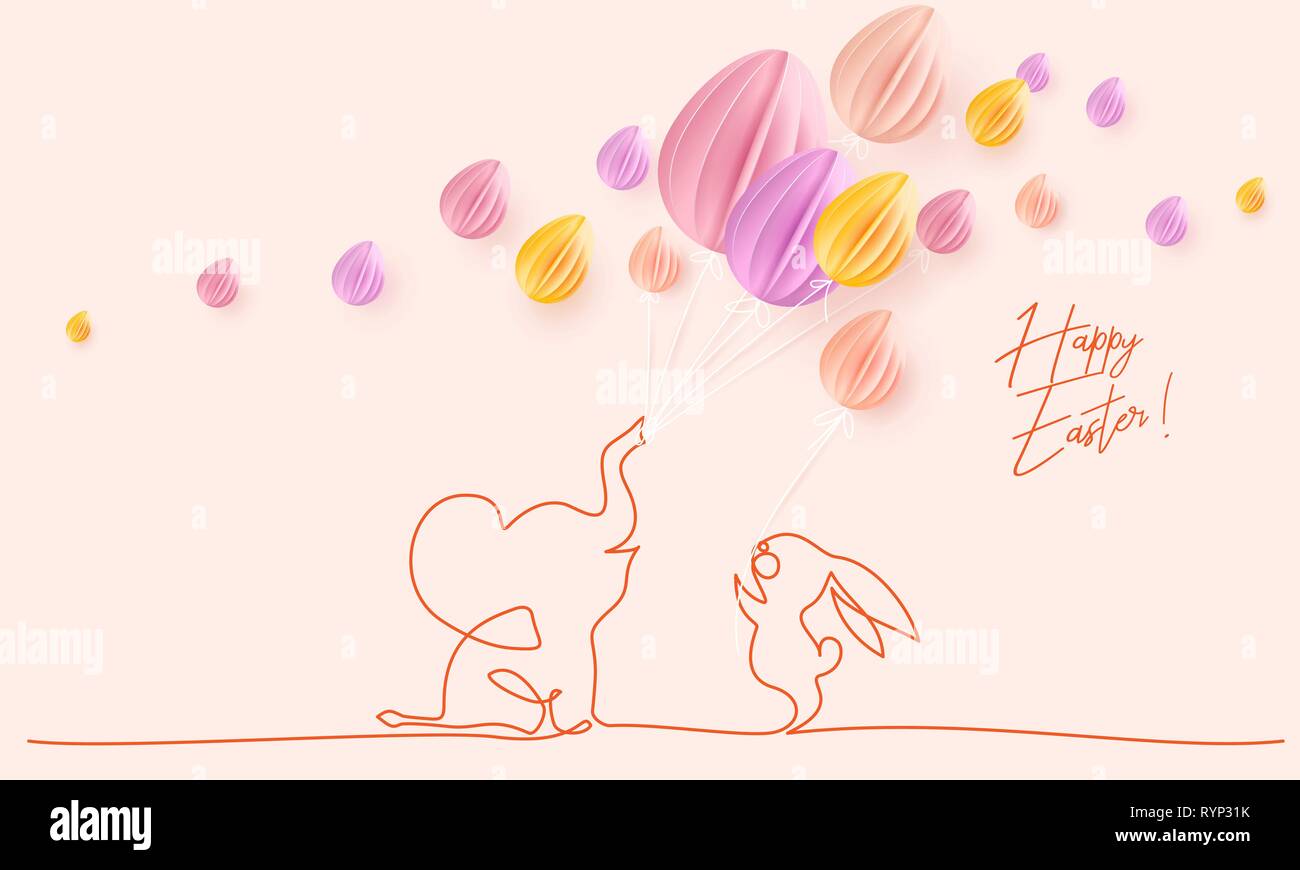 Joyeuses Pâques. Adorable petit éléphant avec ballons en forme d'œufs et de lapins. Vector illustration design papier. Un style de ligne continue. Illustration de Vecteur