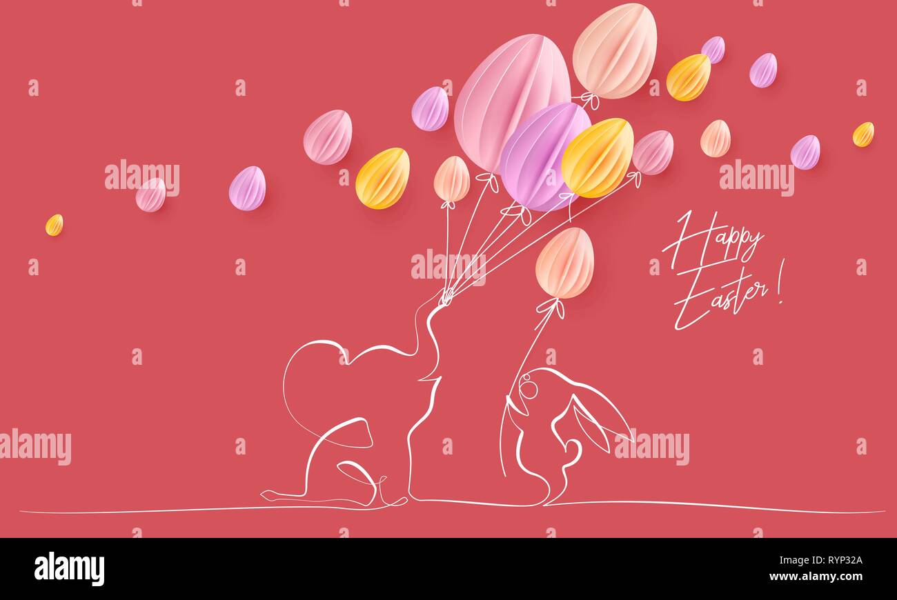 Joyeuses Pâques. Adorable petit éléphant avec ballons en forme d'œufs et de lapins. Vector illustration design papier. Un style de ligne continue. Illustration de Vecteur