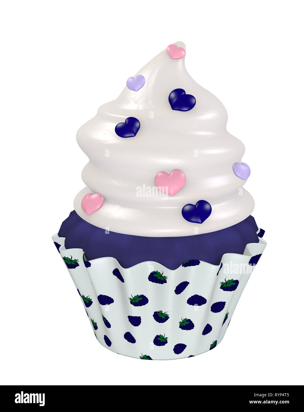 Blueberry cupcake à la crème garniture et coeurs. 3D render Banque D'Images