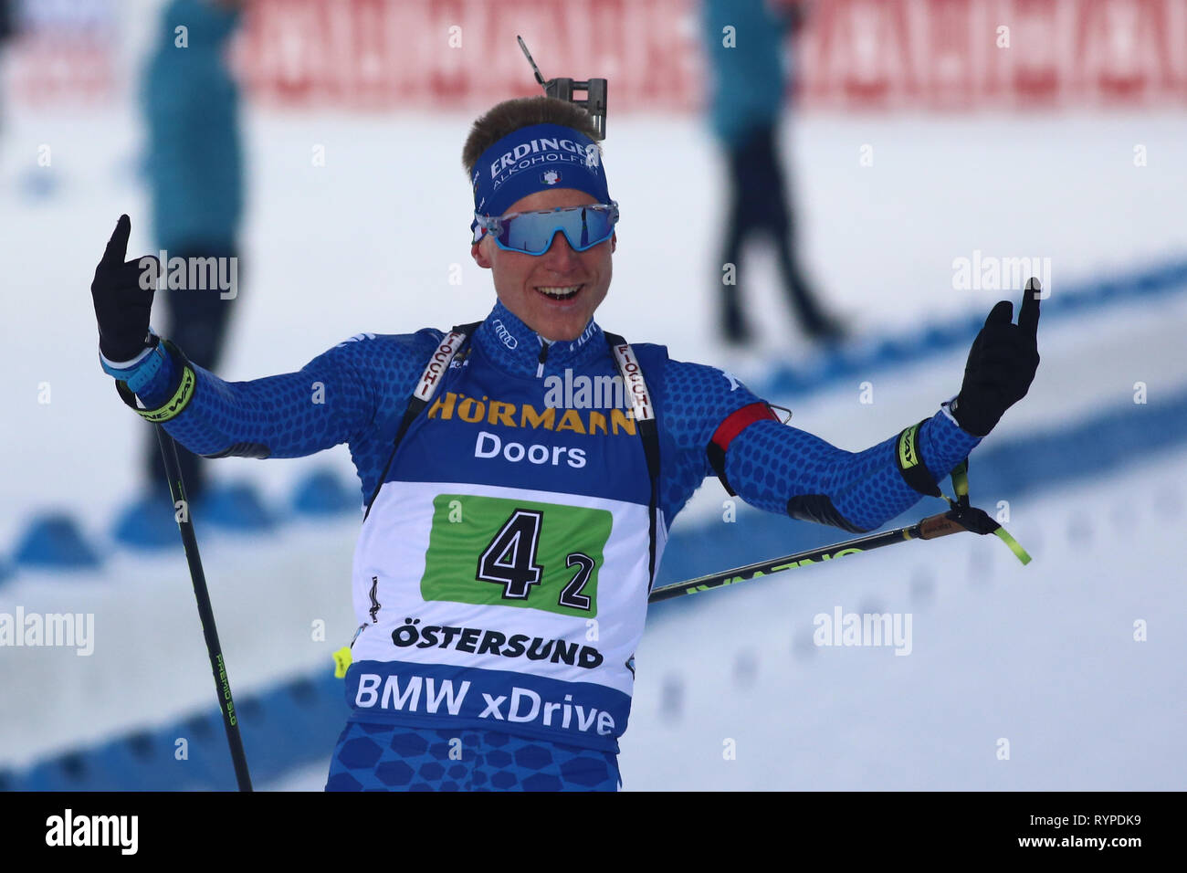 Ostersund, Suède. 14Th Mar, 2019. Championnats du monde de Biathlon IBU, jour 7, seul relais mixte ; Lukas Hofer (ITA) célèbre à l'arrivée : l'action de Crédit Plus Sport/Alamy Live News Banque D'Images