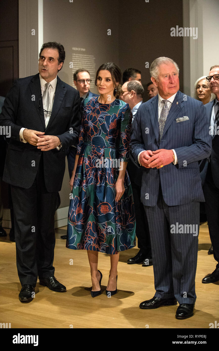 Londres, Royaume-Uni. 13Th Mar 2019. Son Altesse Royale le Prince de Galles, avec Sa Majesté la Reine Letizia d'Espagne, d'assister à l'ouverture de "orolla : Maître espagnol de la lumière" à la Galerie nationale autour du Dr Gabriele Finaldi, Directeur de la National Gallery, Trafalgar Square, Londres, Royaume-Uni Crédit : Jeff Gilbert/Alamy Live News Banque D'Images