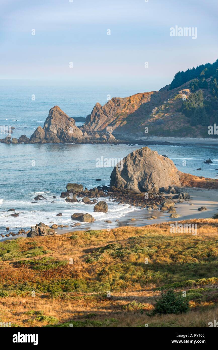 Paysage côtier avec de nombreuses îles, Whaleshead rock robuste, Samuel H. Boardman State Scenic Corridor, Oregon, USA Banque D'Images