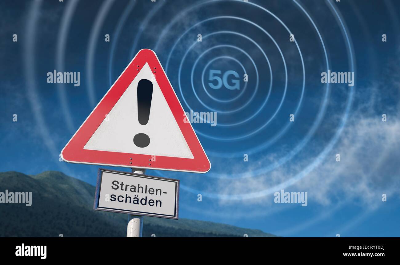 Panneau d'avertissement de ciel bleu, d'avertissement de 5G, 5G, Allemagne Banque D'Images