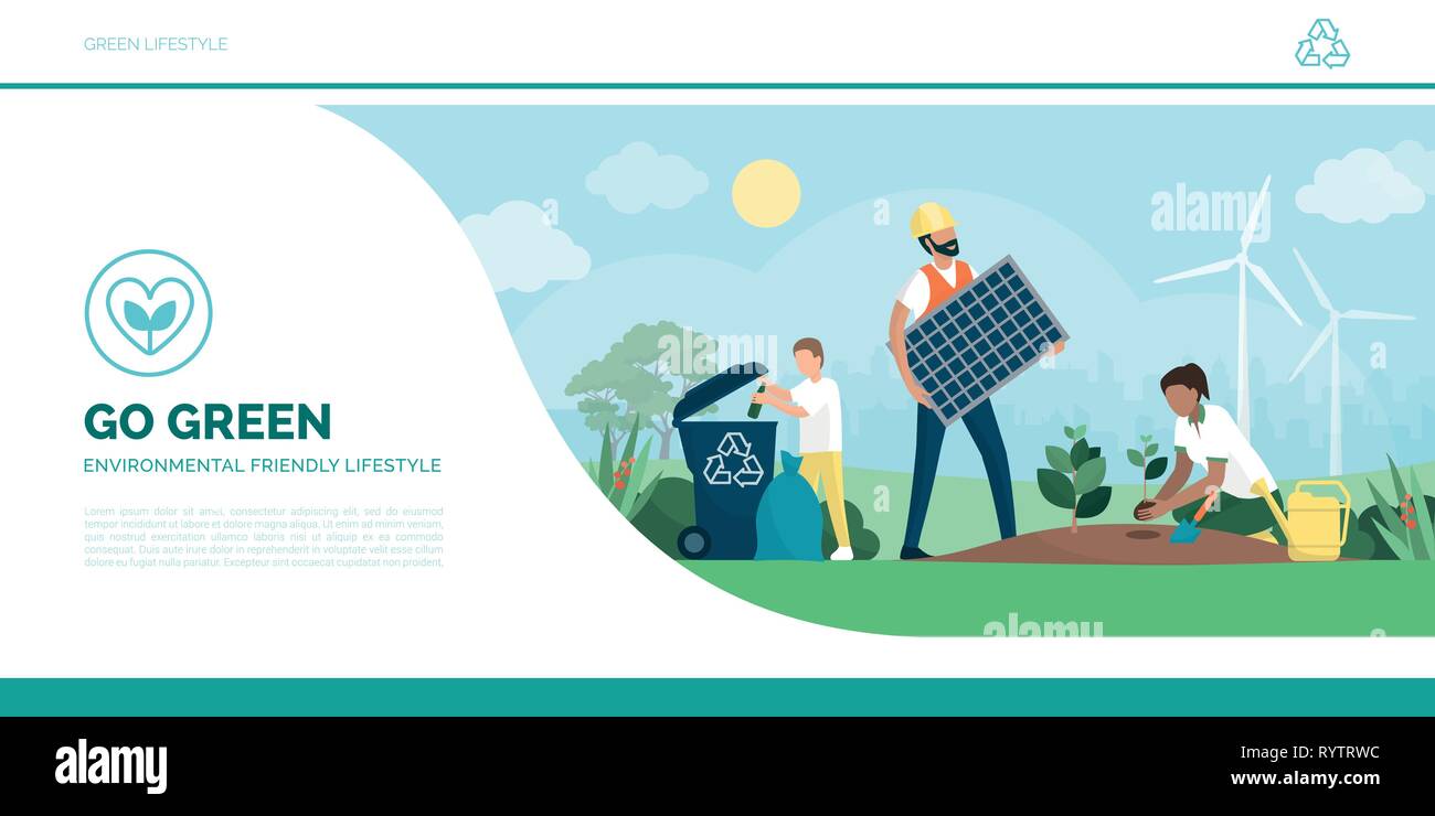 Famille active multiethnique en aidant l'environnement : l'enfant est le recyclage des déchets, l'homme est l'installation d'un panneau solaire et la femme est de plus en plus nouveau plan Illustration de Vecteur