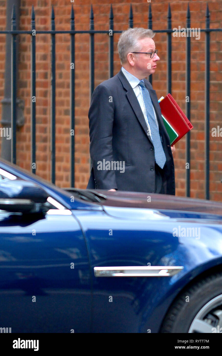 Michael Gove député (Con : Surrey Heath- Le secrétaire d'État à l'environnement, de l'Alimentation et des Affaires rurales) à Downing Street, le 11 mars 2019 Banque D'Images