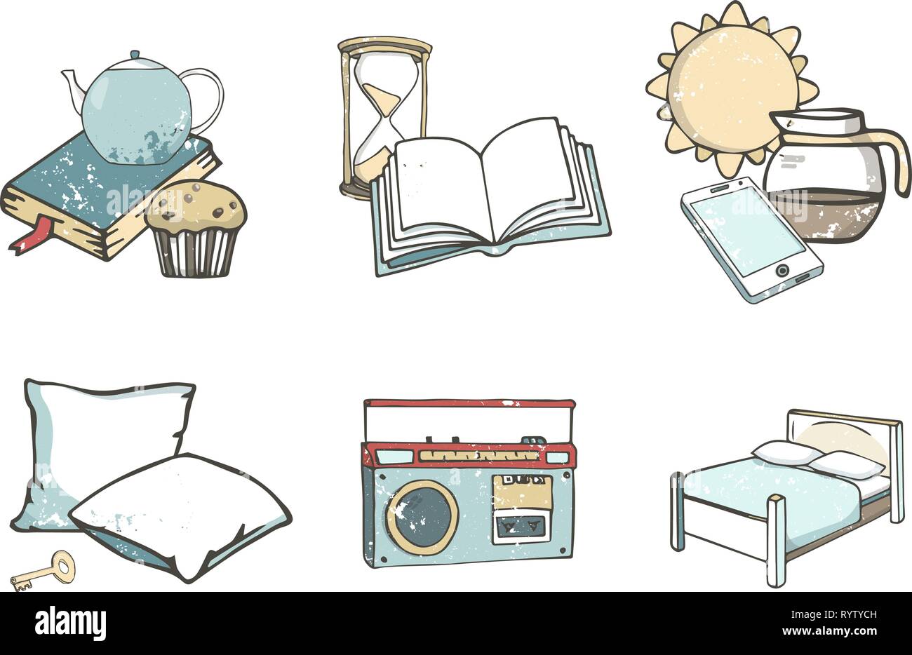 Hostel ensemble de télévision vecteur d'icônes. Kit de voyage illustration gringe dessiné à la main, la texture fond isolé. Illustration de Vecteur
