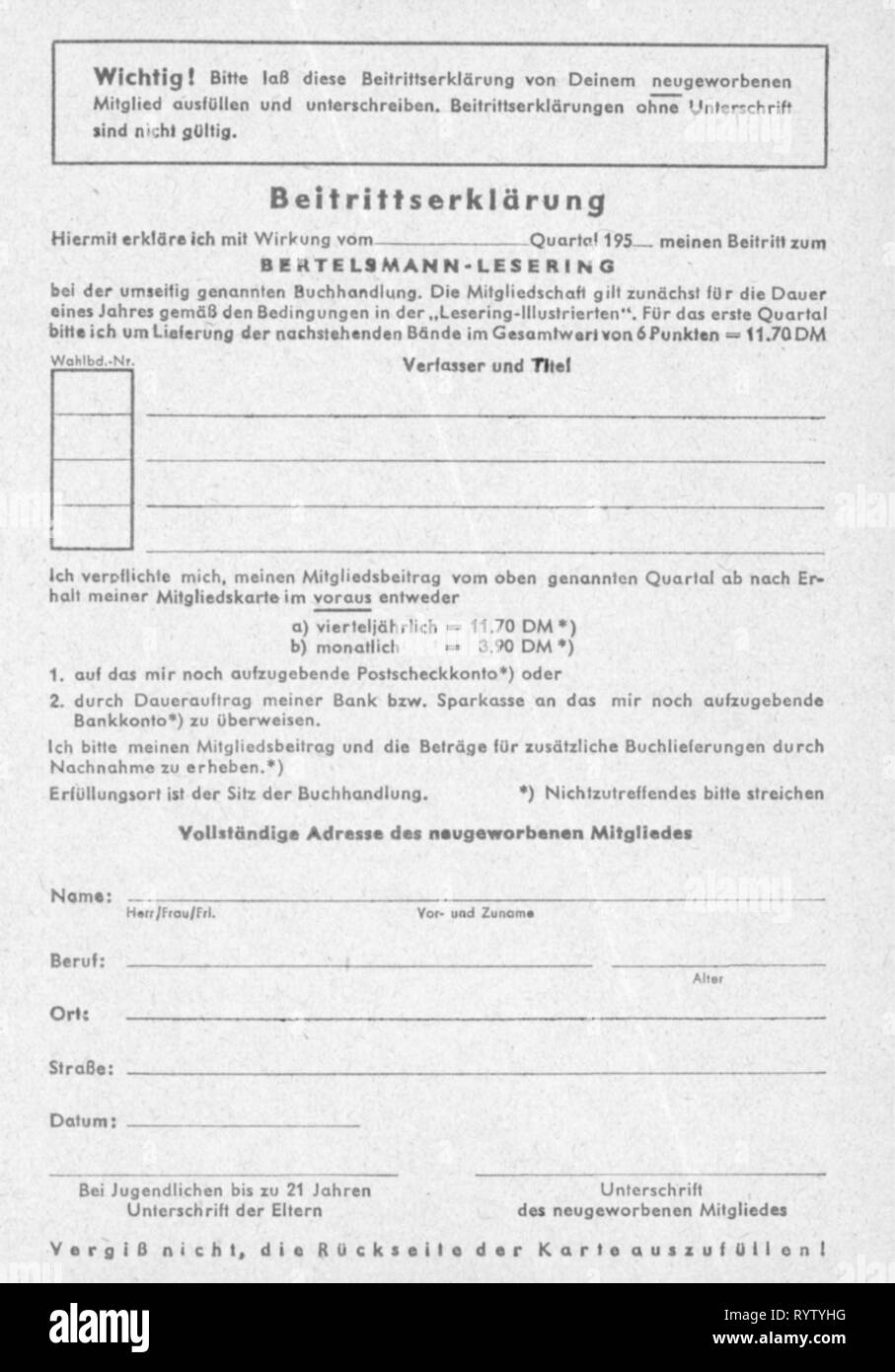 Le commerce, l'industrie du livre, déclaration d'inscription pour les nouveaux membres de la 'Bertelsmann Lesering', 1950 Additional-Rights Clearance-Info-Not-Available- Banque D'Images