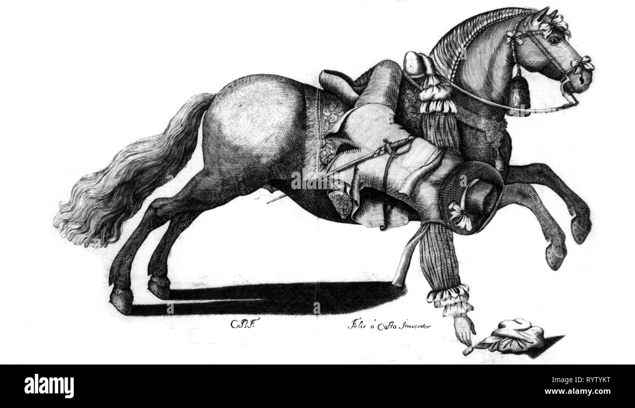 Dessin Cheval Au Galop Avec Cavalier Sports, Equitation, équitation, cirque, équitation, le cavalier se redresse d'un chiffon du sol au galop, gravure sur cuivre, 'Arte da Cavalleria' de Calvao Antonio de Andrade, imprimé par Joam da Costa, Lisboa,