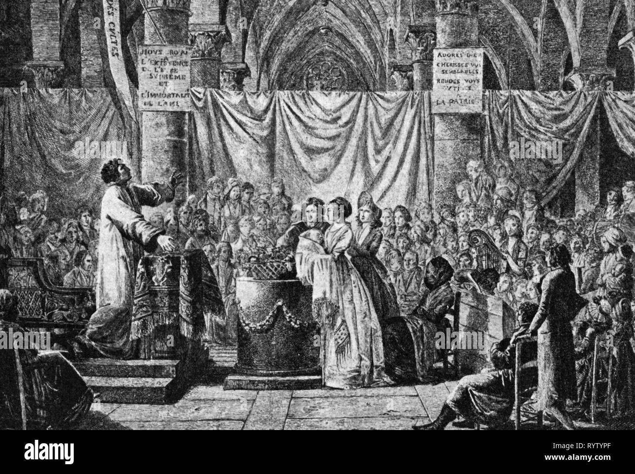 Événements, révolution française 1789 - 1799, 'Le culte naturel', gravure, par Jean-Baptiste Mallet (1759 - 1835), Paris, 1797, Additional-Rights Clearance-Info-Not-Available- Banque D'Images