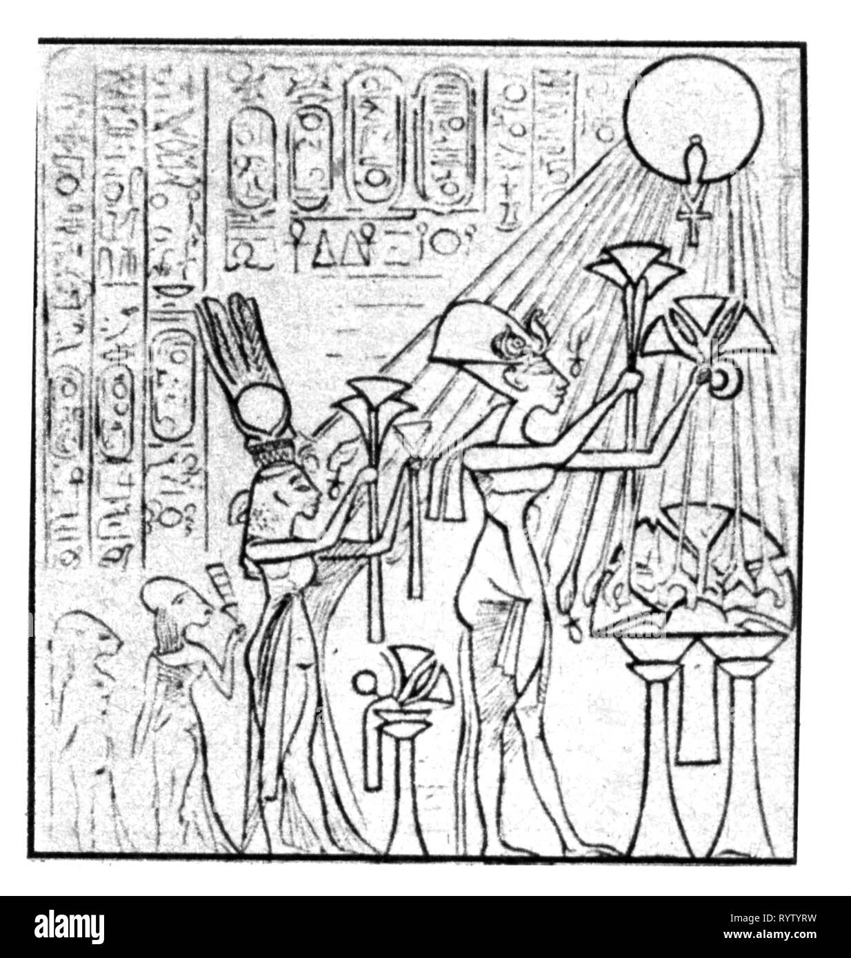 La religion, l'adoration du soleil, Pharaon Akhénaton avec la famille adorant dieu solaire Aton, après le soulagement de Additional-Rights Clearance-Info-Amarna,-Not-Available Banque D'Images