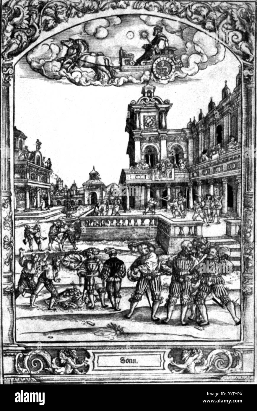 L'astronomie, allégories, sun, sun dieu dans le char au-dessus de la cour intérieure avec guerrier pendant un entraînement aux armes, gravure sur cuivre, par Hans Sebald Beham (1500 - 1550), 1530 - 1540, l'artiste n'a pas d'auteur pour être effacé Banque D'Images