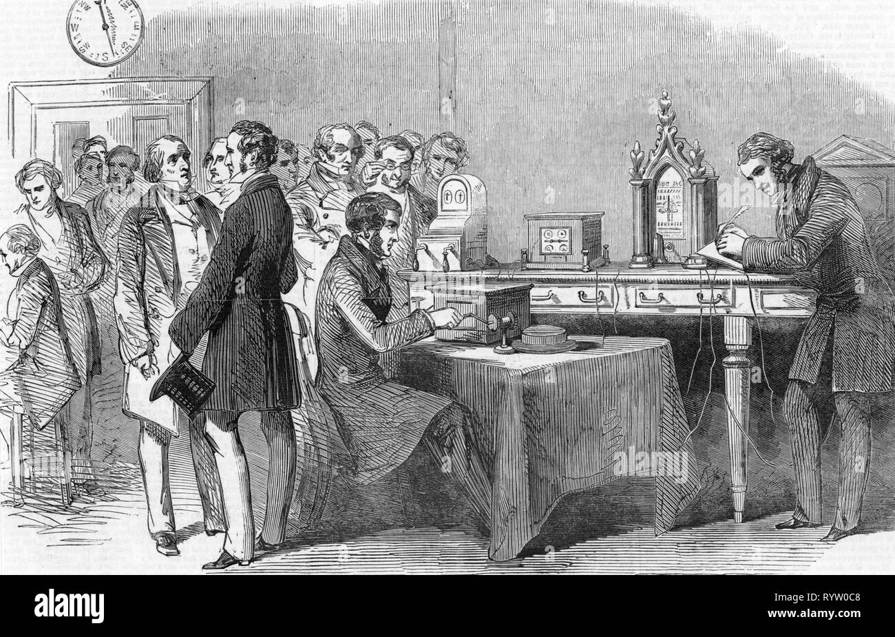 Mail, télégraphie, bureau de télégraphe de l'impression sous-marin et compagnie de télégraphe (ligne Londres - Paris), Cornhill, Angleterre, gravure sur bois, 1852, l'artiste n'a pas d'auteur pour être effacé Banque D'Images