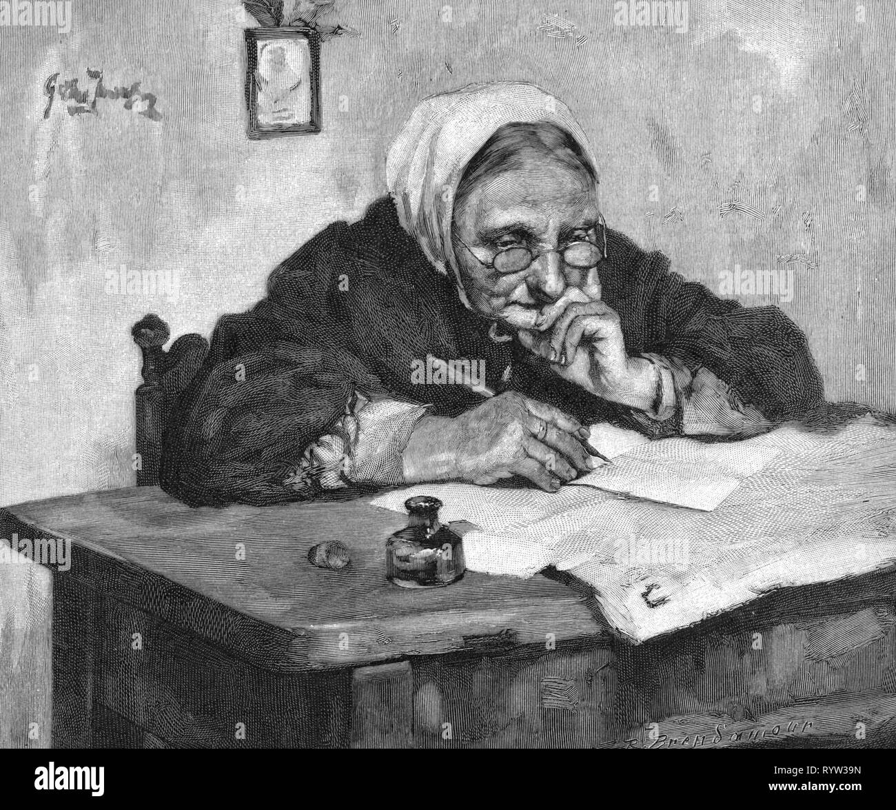 L'écriture, 'grand-mère à son fils', gravure sur bois par Richard Brend'amour basé sur la peinture par Gerhard Janssen, fin du 19e siècle, l'artiste n'a pas d'auteur pour être effacé Banque D'Images