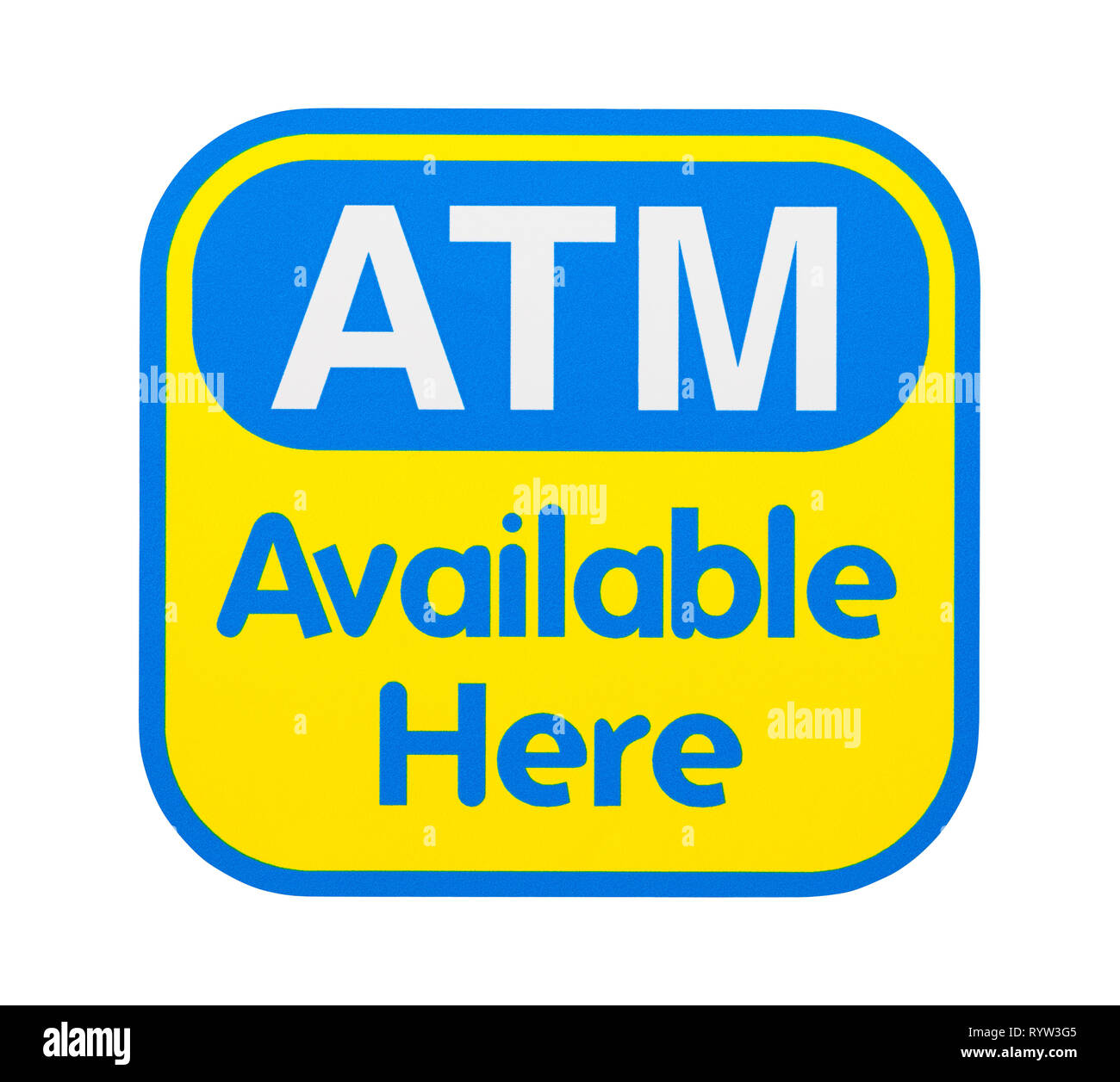 Jaune et bleu autocollant Magasin ATM isolé sur blanc. Banque D'Images