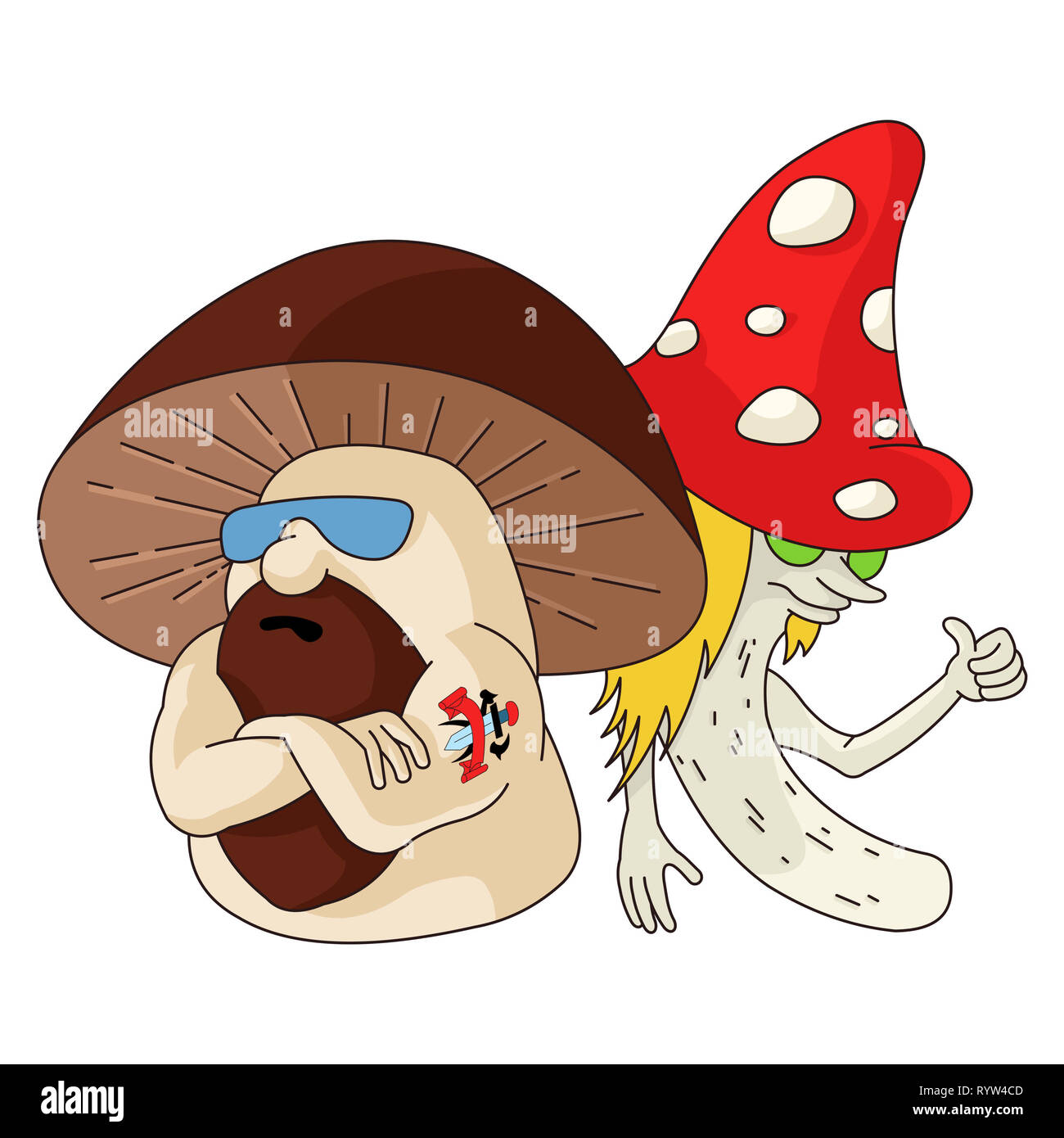 Illustration couleur de caricature biker sur fond blanc champignons isolés Banque D'Images
