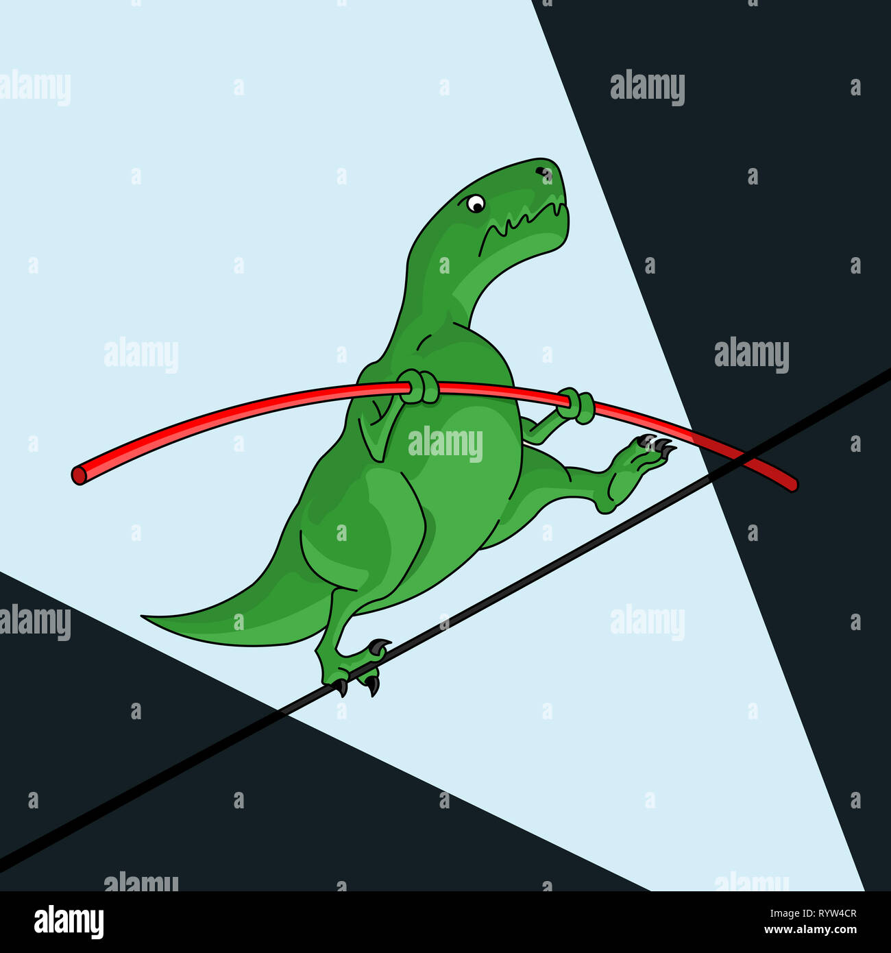 Dessin animé dinosaure vert concentré sur les soldes fil sous la coupole du cirque Banque D'Images