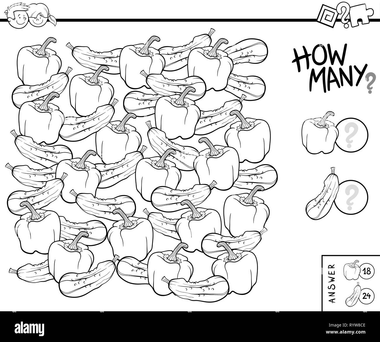 Illustration noir et blanc de l'Éducation groupe de comptage pour les enfants avec des concombres et poivrons Coloring Book Illustration de Vecteur