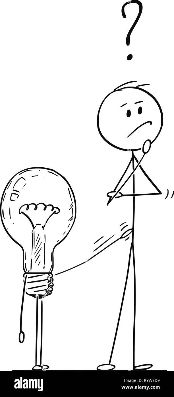 Caricature de l'homme ou homme de penser à problème, l'ampoule est touchant sur lui Illustration de Vecteur