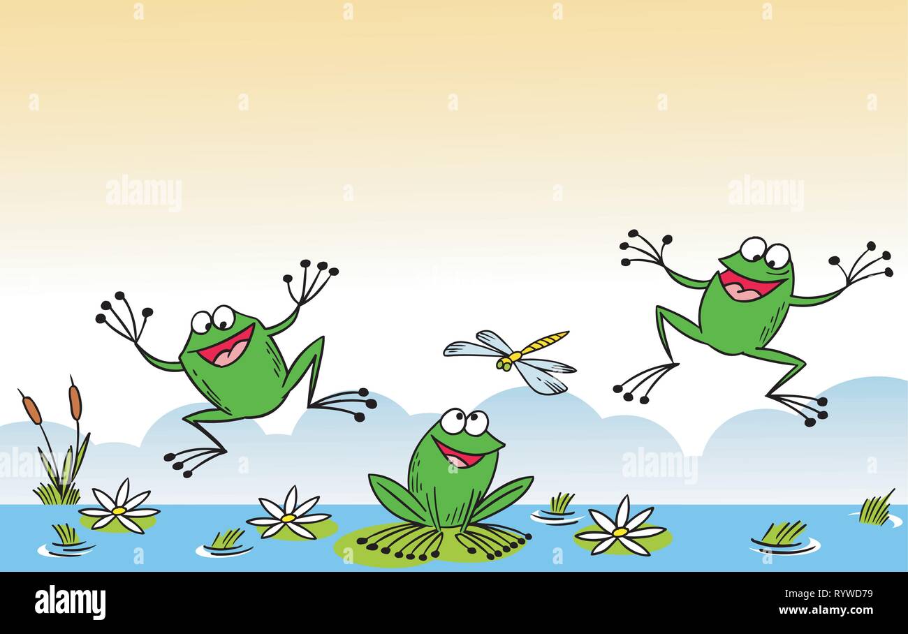 L'illustration montre une caricature de grenouilles dans diverses poses, ainsi que les insectes et les nénuphars. Drôle de grenouille sur l'illustration de l'arrière-plan, aquatiques Illustration de Vecteur