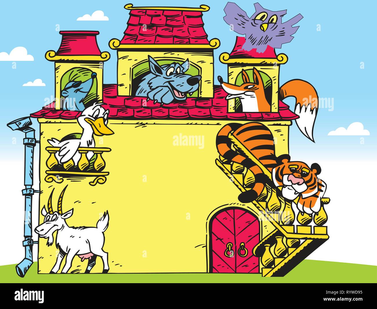 Dans l'illustration cartoon maison avec animaux drôles. Illustration de Vecteur