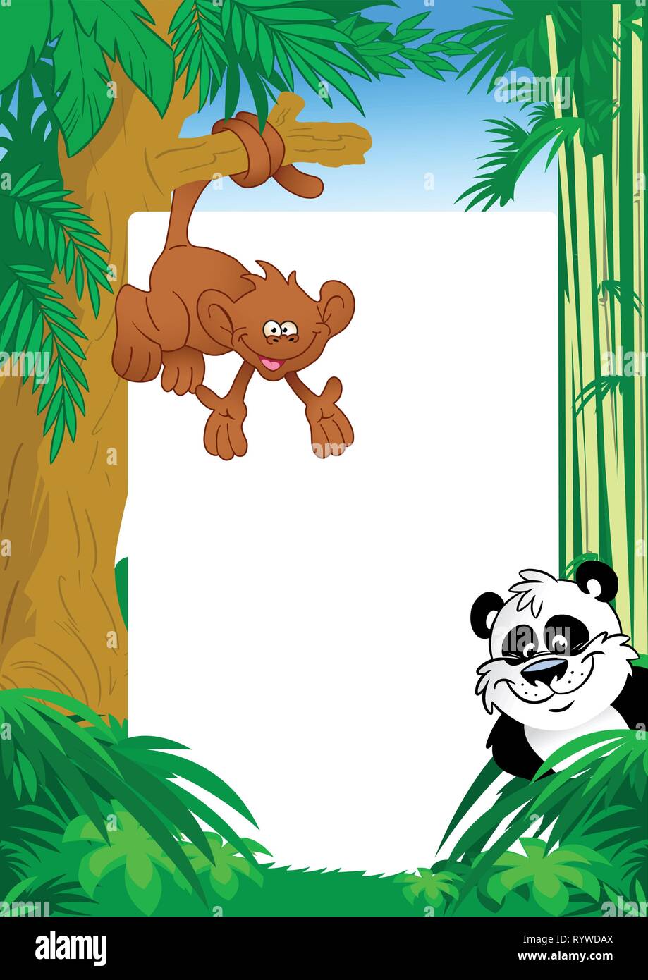 L'illustration montre un singe et panda sur fond blanc pour le texte et jungle. Réalisé dans un style cartoon, sur des calques distincts. Illustration de Vecteur