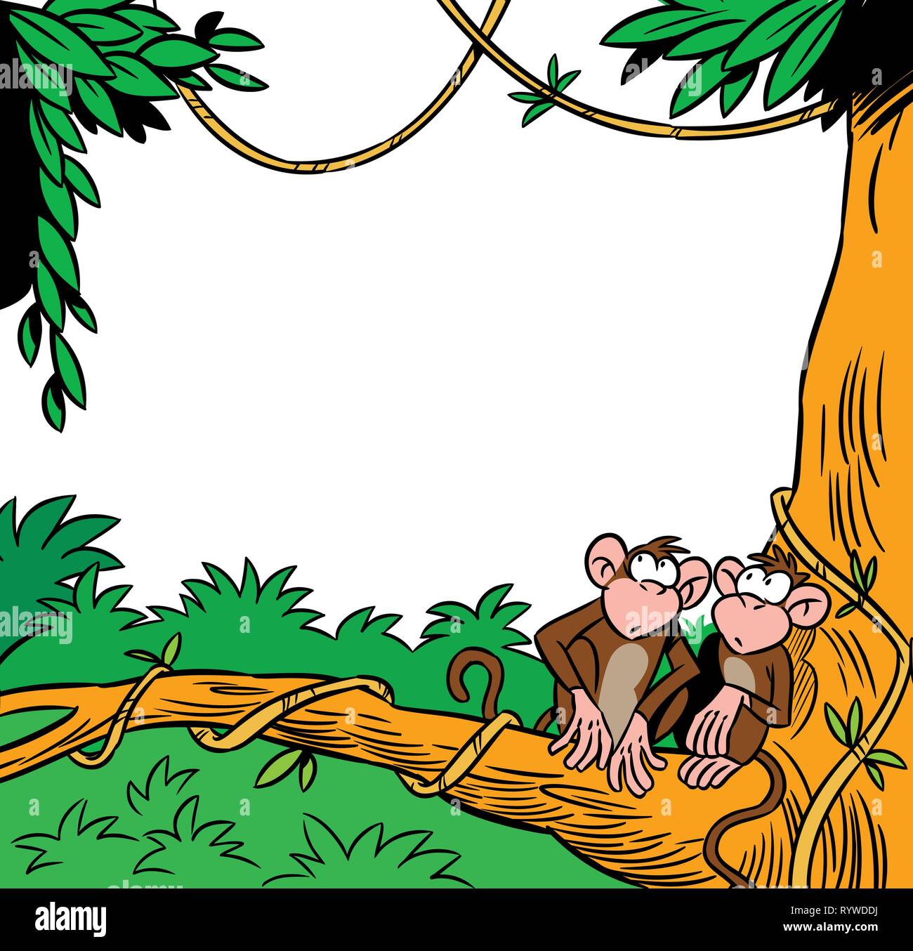 L'illustration montre deux funny monkey assis sur un arbre dans le contexte de la jungle. Il y a une place pour le texte, fait dans un style cartoon Illustration de Vecteur
