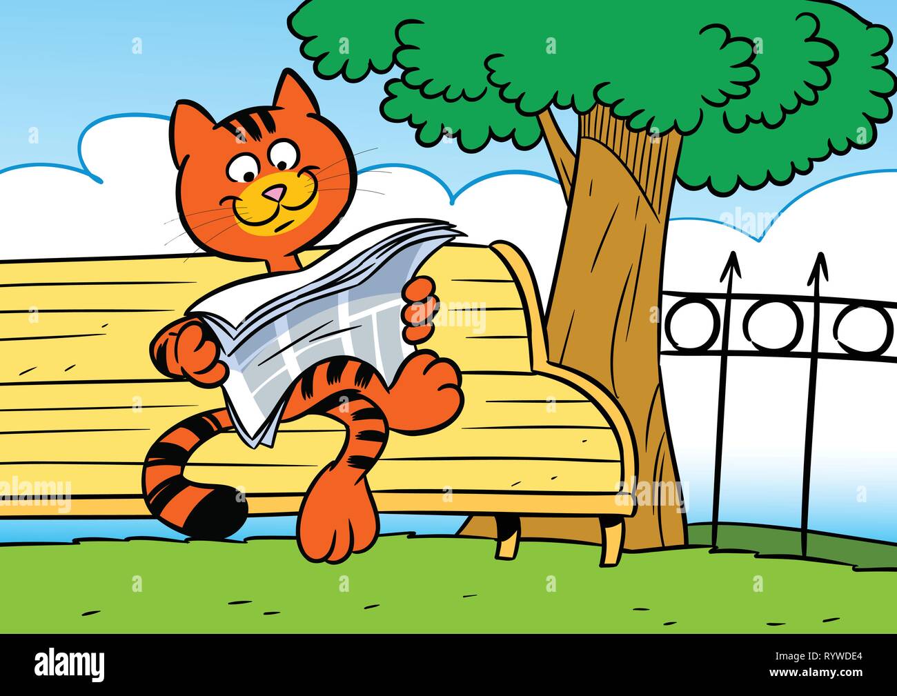 L'illustration montre un drôle de chat rouge. Il est assis sur un banc de parc et lire un journal. En fait l'illustration cartoon style. Illustration de Vecteur