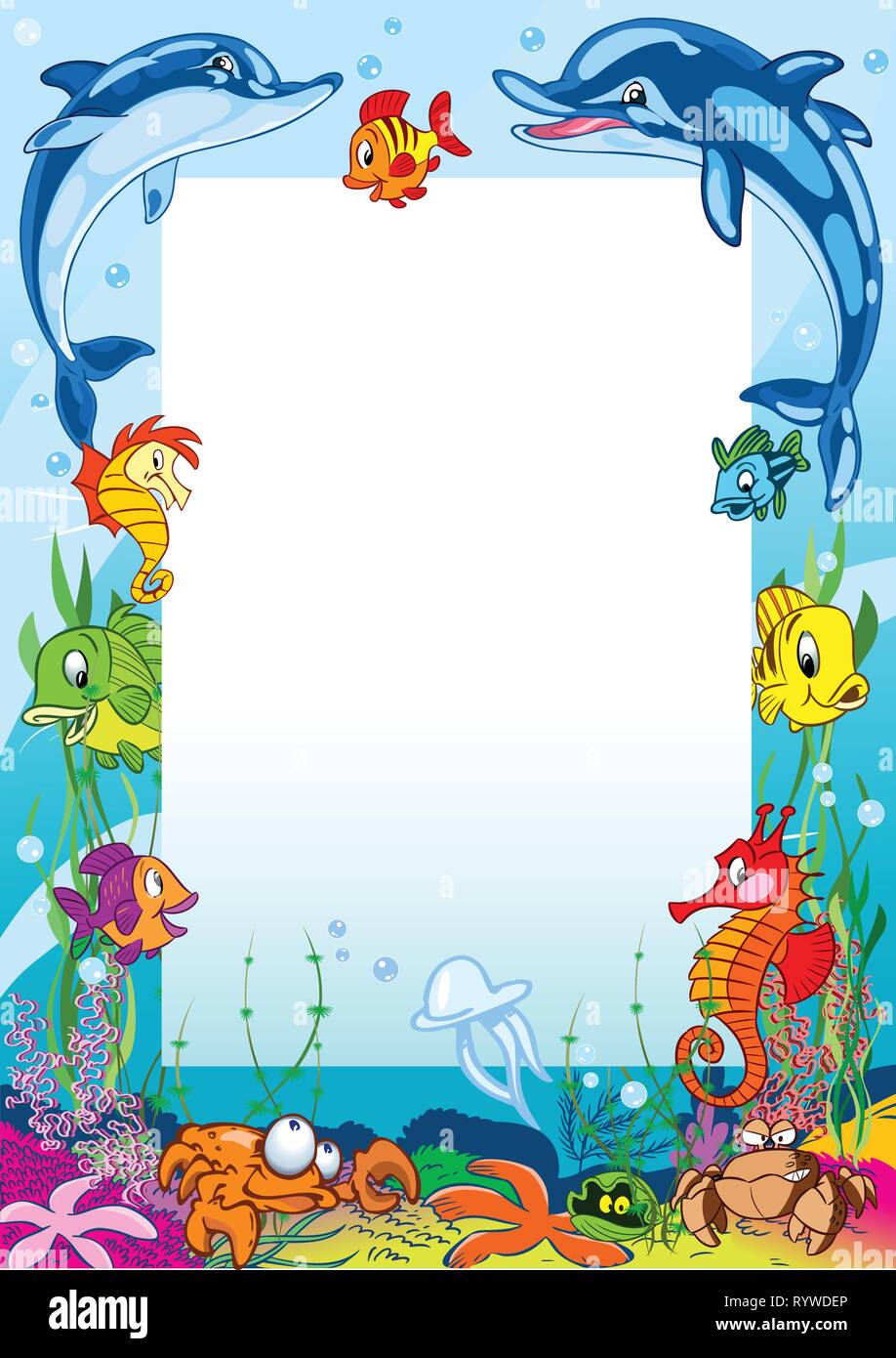 L'illustration montre le cadre dans le contexte de diverses créatures de la mer. Illustration réalisée sur des calques distincts dans un style de dessin animé. Illustration de Vecteur