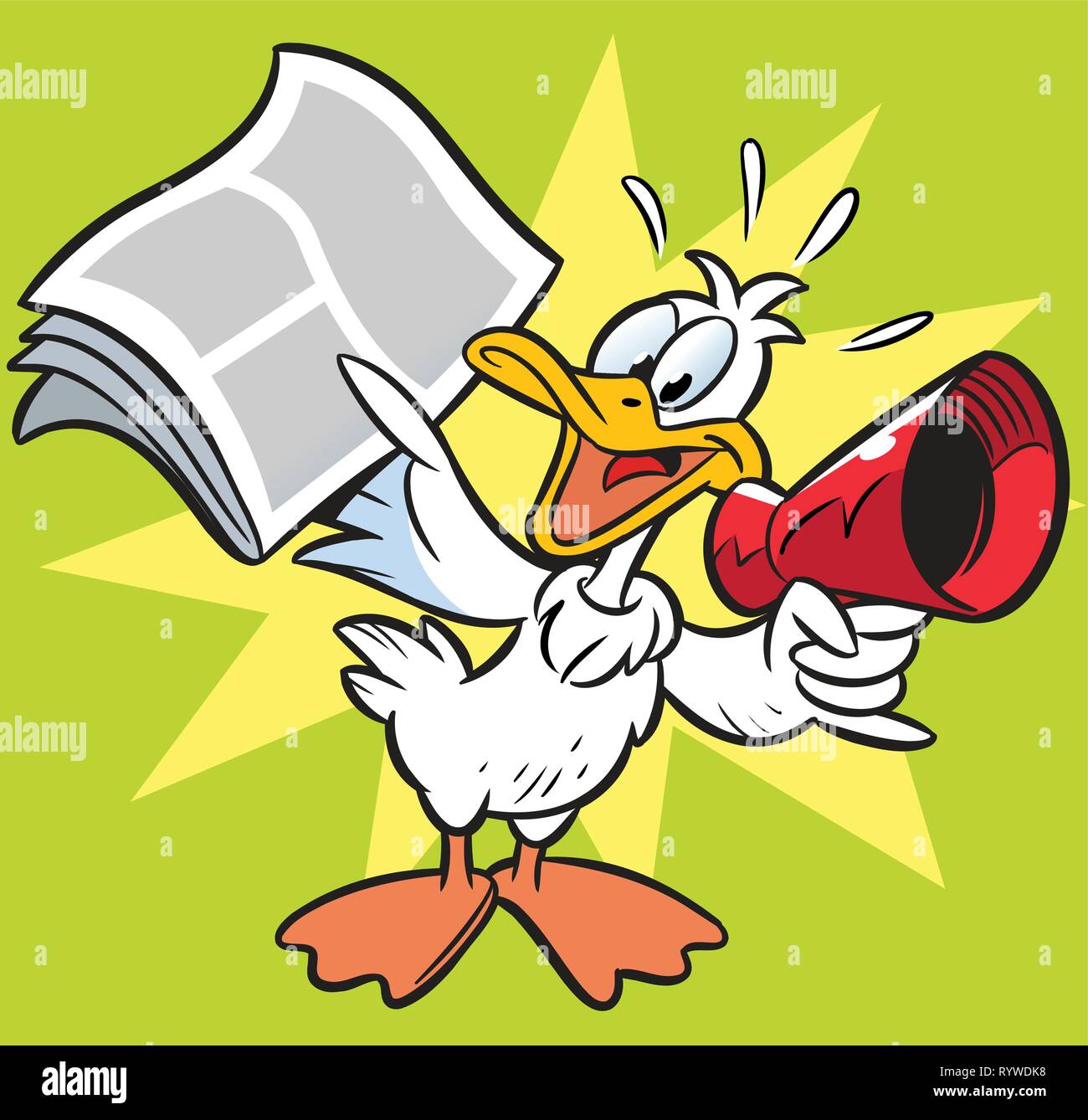 L'illustration montre l'oie, qui crie l'actualité dans le journal mégaphone. Illustration de Vecteur